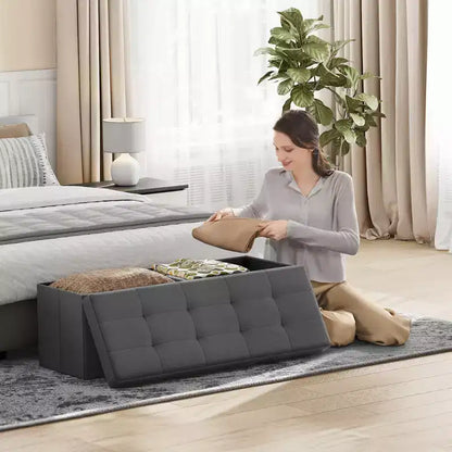 43in Folding Storage Ottoman Bench with Padded Linen Seat, 660 lbs Capacity