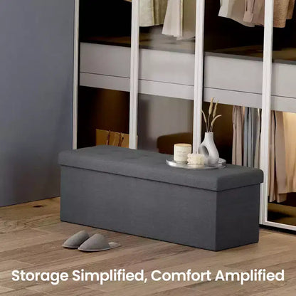 43in Folding Storage Ottoman Bench with Padded Linen Seat, 660 lbs Capacity