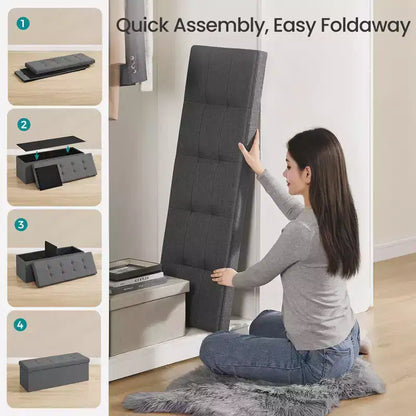 43in Folding Storage Ottoman Bench with Padded Linen Seat, 660 lbs Capacity
