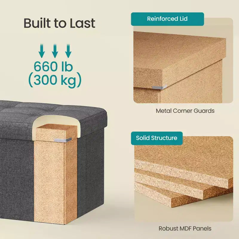 43in Folding Storage Ottoman Bench with Padded Linen Seat, 660 lbs Capacity