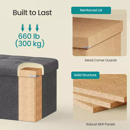43in Folding Storage Ottoman Bench with Padded Linen Seat, 660 lbs Capacity