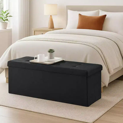43in Folding Storage Ottoman Bench with Padded Linen Seat, 660 lbs Capacity
