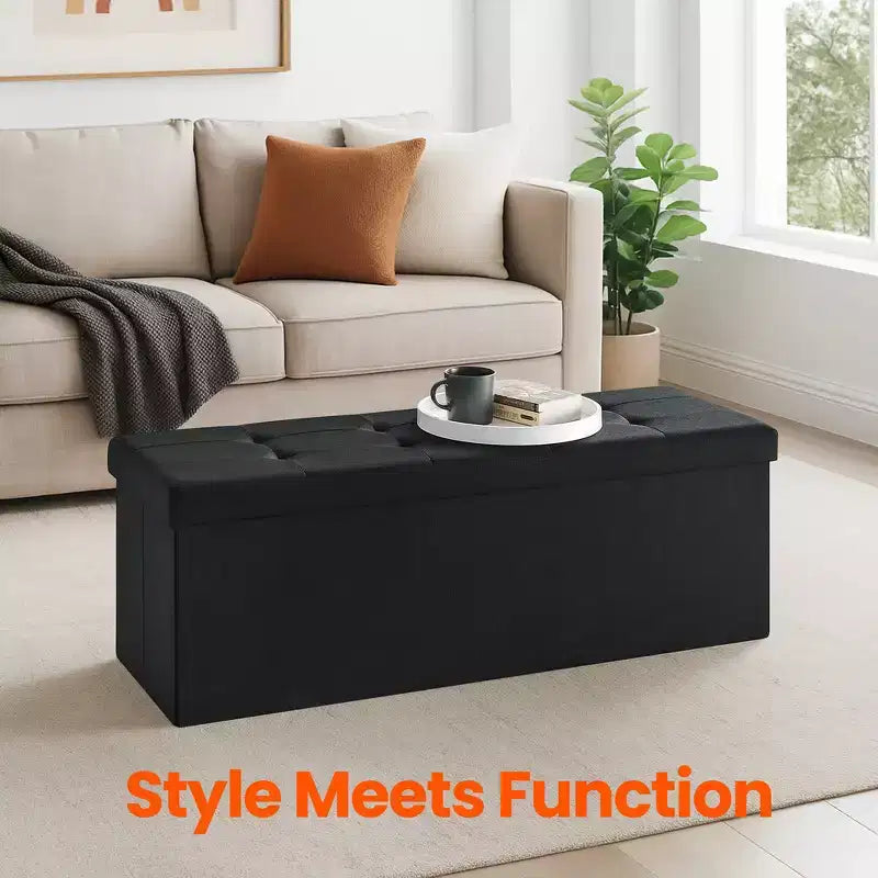 43in Folding Storage Ottoman Bench with Padded Linen Seat, 660 lbs Capacity