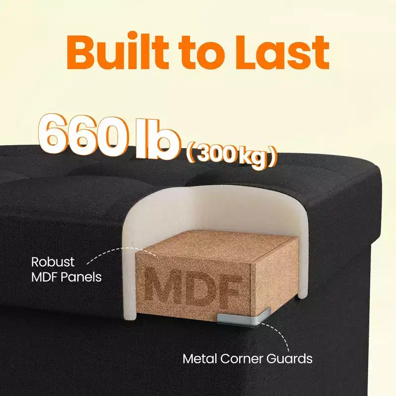 43in Folding Storage Ottoman Bench with Padded Linen Seat, 660 lbs Capacity