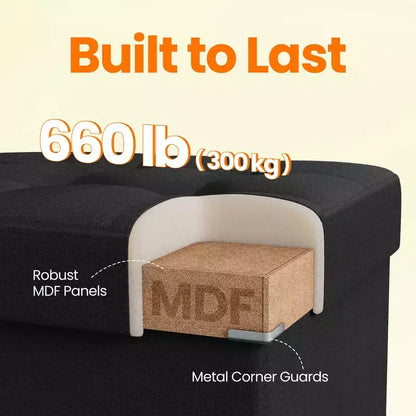 43in Folding Storage Ottoman Bench with Padded Linen Seat, 660 lbs Capacity