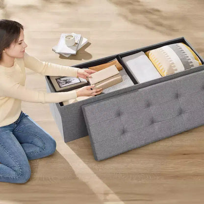 43in Folding Storage Ottoman Bench with Padded Linen Seat, 660 lbs Capacity