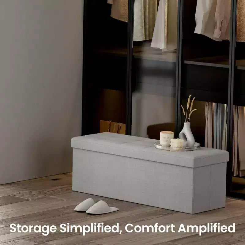 43in Folding Storage Ottoman Bench with Padded Linen Seat, 660 lbs Capacity