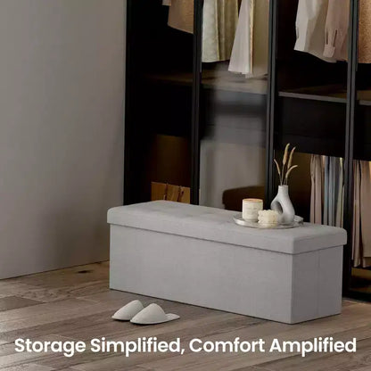 43in Folding Storage Ottoman Bench with Padded Linen Seat, 660 lbs Capacity