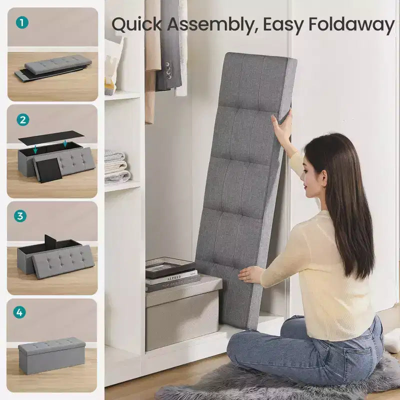 43in Folding Storage Ottoman Bench with Padded Linen Seat, 660 lbs Capacity