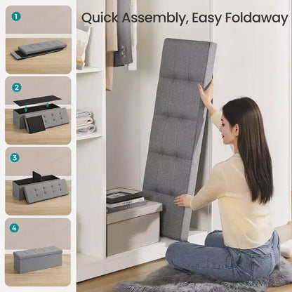 43in Folding Storage Ottoman Bench with Padded Linen Seat, 660 lbs Capacity