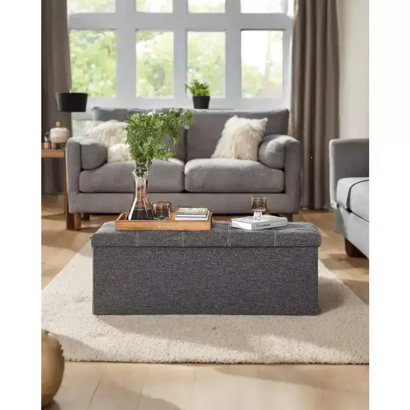 43in Folding Storage Ottoman Bench with Padded Linen Seat, 660 lbs Capacity
