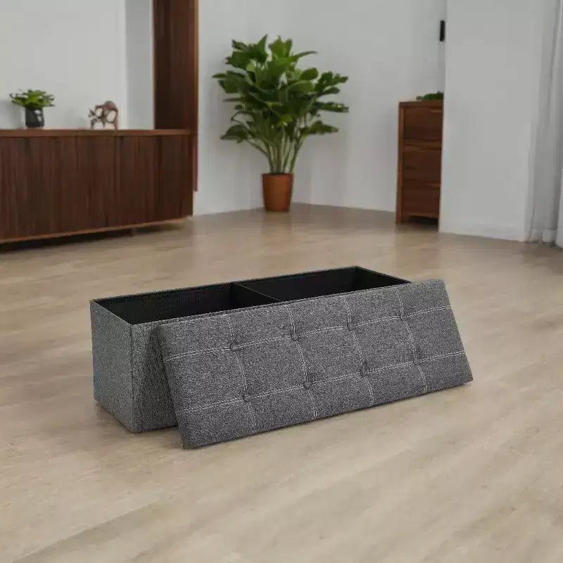 43in Folding Storage Ottoman Bench with Padded Linen Seat, 660 lbs Capacity