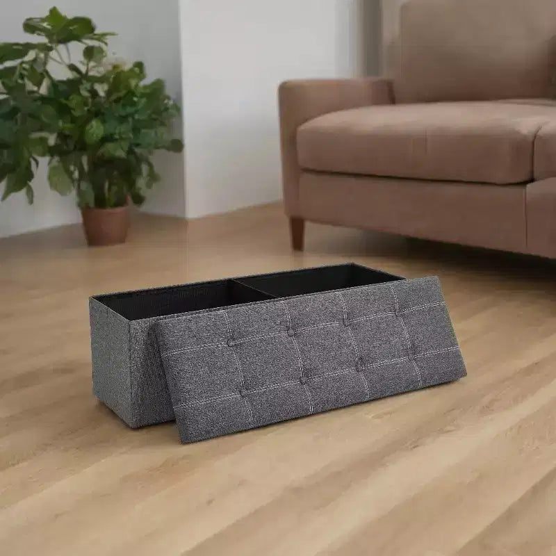43in Folding Storage Ottoman Bench with Padded Linen Seat, 660 lbs Capacity