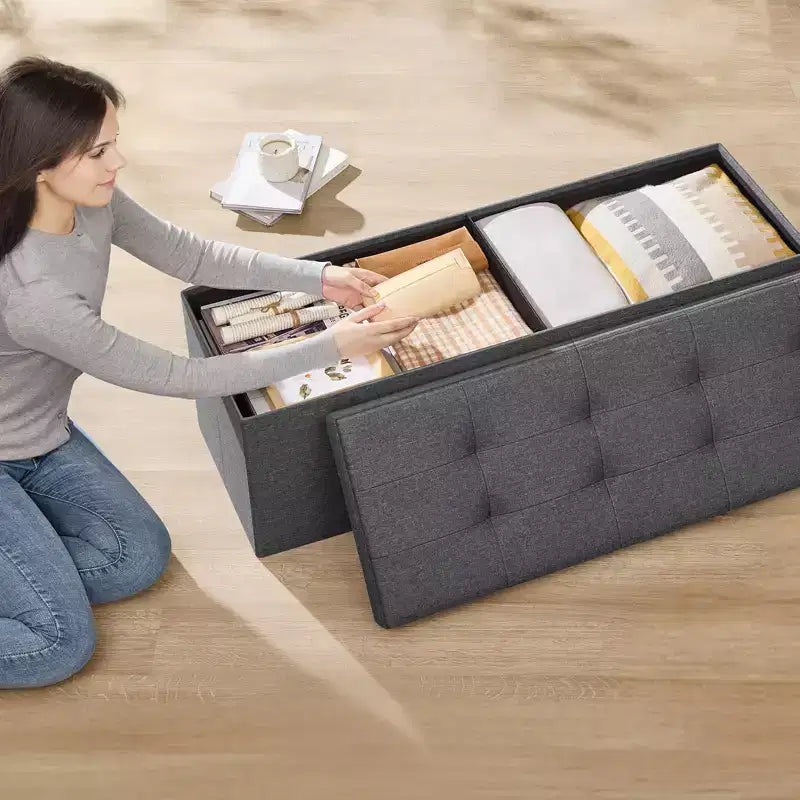43in Folding Storage Ottoman Bench with Padded Linen Seat, 660 lbs Capacity
