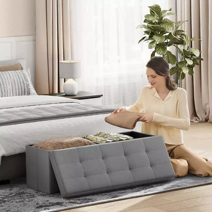 43in Folding Storage Ottoman Bench with Padded Linen Seat, 660 lbs Capacity