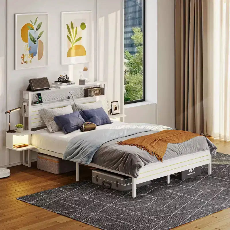 Platform Bed Frame with Storage Headboard, LED Lights, Power Outlet & USB Ports, Steel Slats
