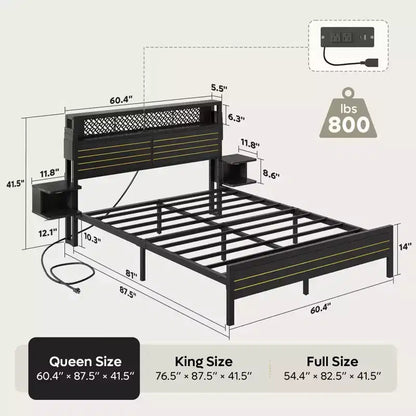 Platform Bed Frame with Storage Headboard, LED Lights, Power Outlet & USB Ports, Steel Slats