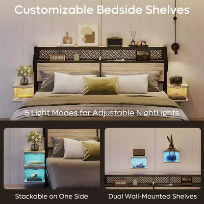 Platform Bed Frame with Storage Headboard, LED Lights, Power Outlet & USB Ports, Steel Slats