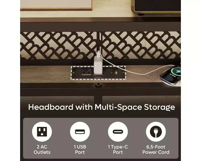 Platform Bed Frame with Storage Headboard, LED Lights, Power Outlet & USB Ports, Steel Slats