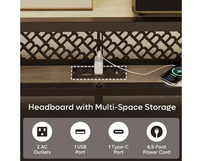 Platform Bed Frame with Storage Headboard, LED Lights, Power Outlet & USB Ports, Steel Slats