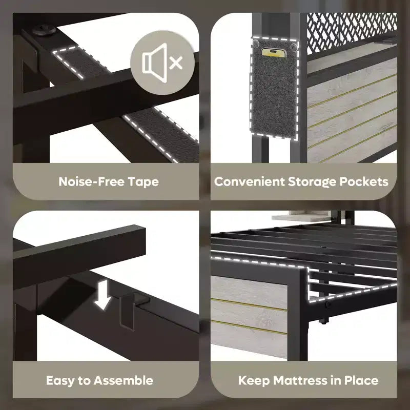 Platform Bed Frame with Storage Headboard, LED Lights, Power Outlet & USB Ports, Steel Slats