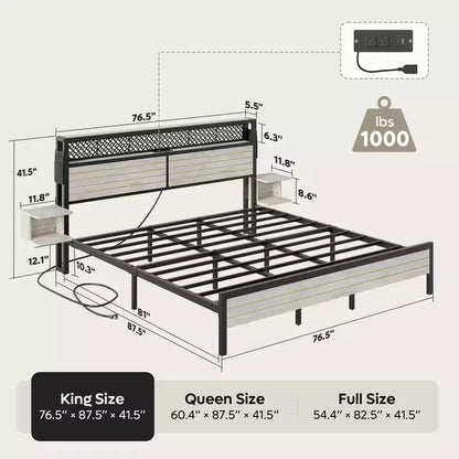 Platform Bed Frame with Storage Headboard, LED Lights, Power Outlet & USB Ports, Steel Slats