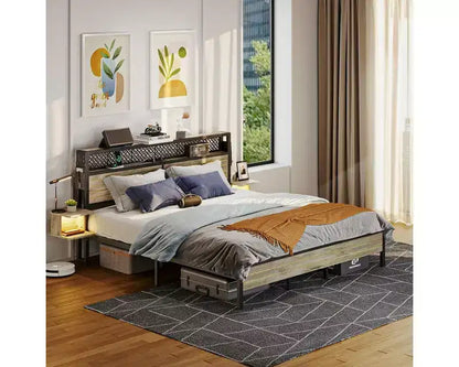 Platform Bed Frame with Storage Headboard, LED Lights, Power Outlet & USB Ports, Steel Slats