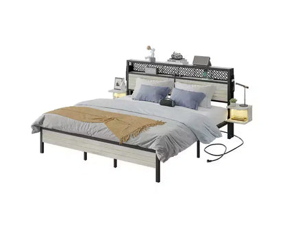 Platform Bed Frame with Storage Headboard, LED Lights, Power Outlet & USB Ports, Steel Slats