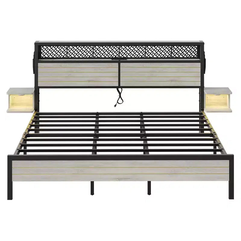 Platform Bed Frame with Storage Headboard, LED Lights, Power Outlet & USB Ports, Steel Slats