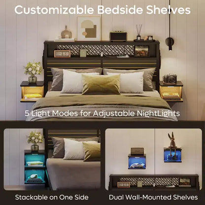 Platform Bed Frame with Storage Headboard, LED Lights, Power Outlet & USB Ports, Steel Slats