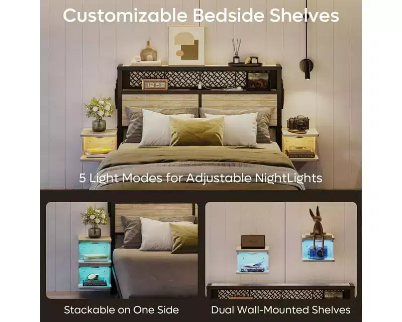 Platform Bed Frame with Storage Headboard, LED Lights, Power Outlet & USB Ports, Steel Slats