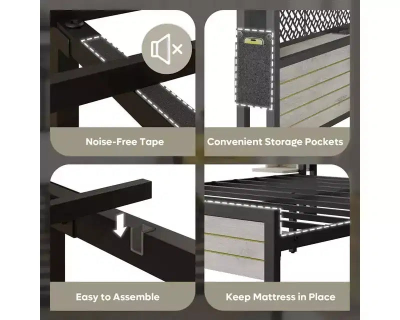 Platform Bed Frame with Storage Headboard, LED Lights, Power Outlet & USB Ports, Steel Slats