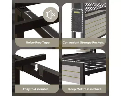 Platform Bed Frame with Storage Headboard, LED Lights, Power Outlet & USB Ports, Steel Slats