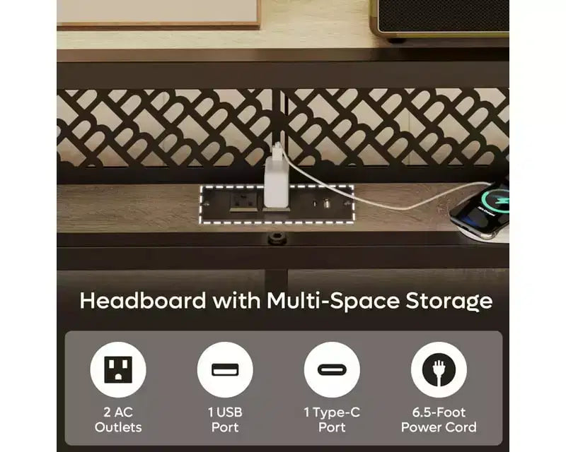 Platform Bed Frame with Storage Headboard, LED Lights, Power Outlet & USB Ports, Steel Slats