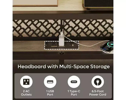 Platform Bed Frame with Storage Headboard, LED Lights, Power Outlet & USB Ports, Steel Slats
