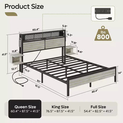 Platform Bed Frame with Storage Headboard, LED Lights, Power Outlet & USB Ports, Steel Slats