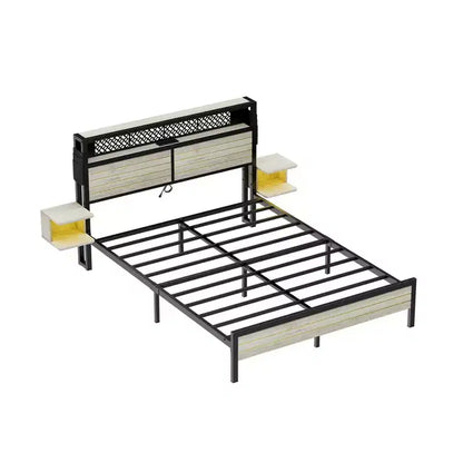 Platform Bed Frame with Storage Headboard, LED Lights, Power Outlet & USB Ports, Steel Slats