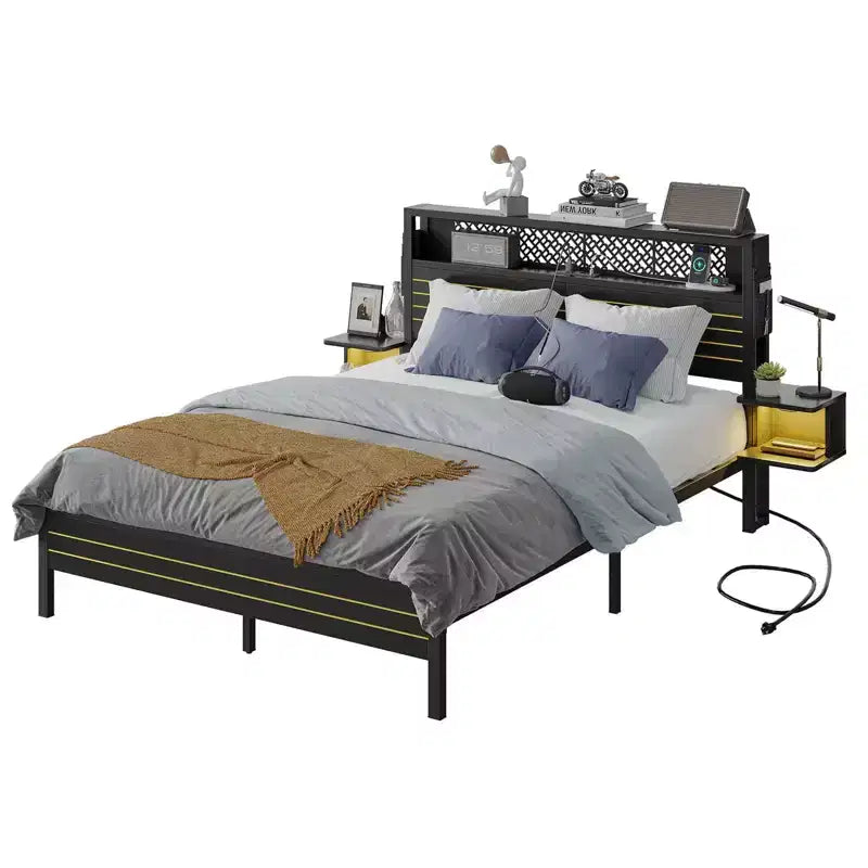 Platform Bed Frame with Storage Headboard, LED Lights, Power Outlet & USB Ports, Steel Slats
