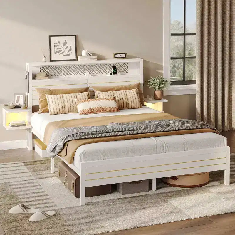 Platform Bed Frame with Storage Headboard, LED Lights, Power Outlet & USB Ports, Steel Slats
