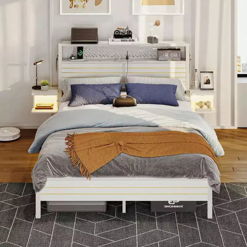 Platform Bed Frame with Storage Headboard, LED Lights, Power Outlet & USB Ports, Steel Slats