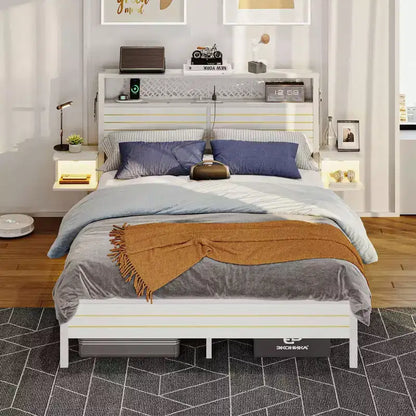 Platform Bed Frame with Storage Headboard, LED Lights, Power Outlet & USB Ports, Steel Slats