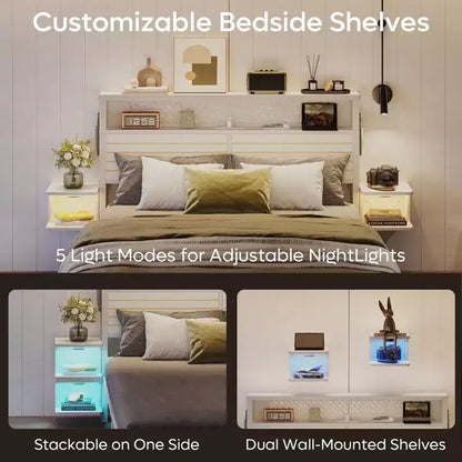 Platform Bed Frame with Storage Headboard, LED Lights, Power Outlet & USB Ports, Steel Slats