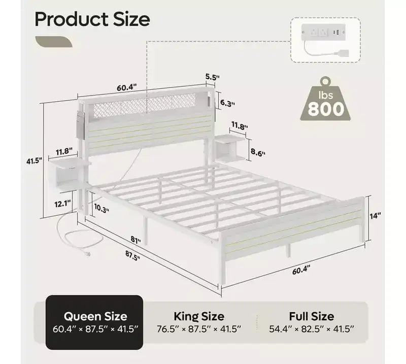 Platform Bed Frame with Storage Headboard, LED Lights, Power Outlet & USB Ports, Steel Slats