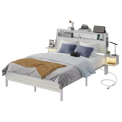 Platform Bed Frame with Storage Headboard, LED Lights, Power Outlet & USB Ports, Steel Slats