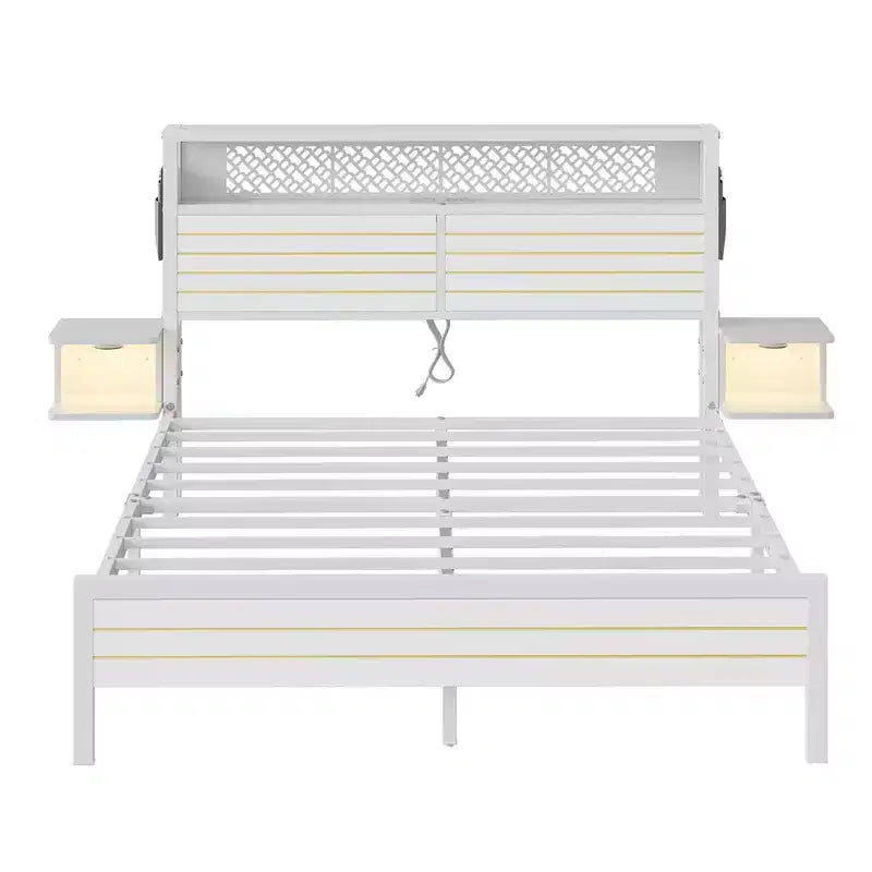 Platform Bed Frame with Storage Headboard, LED Lights, Power Outlet & USB Ports, Steel Slats