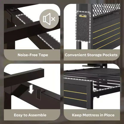 Platform Bed Frame with Storage Headboard, LED Lights, Power Outlet & USB Ports, Steel Slats