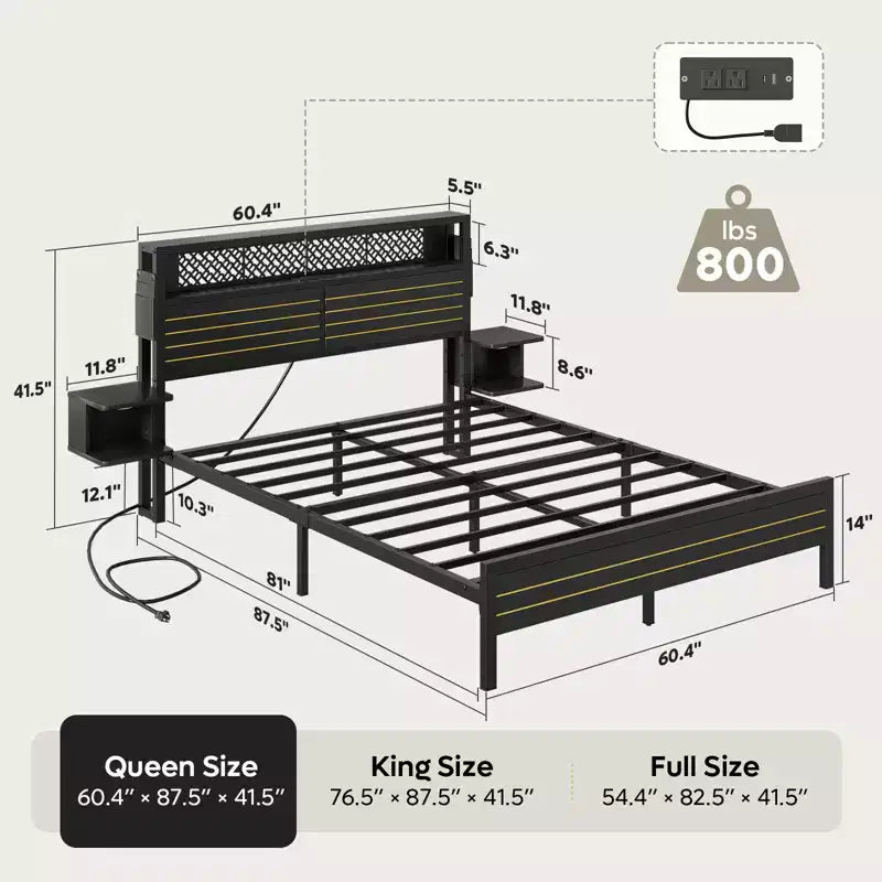 Platform Bed Frame with Storage Headboard, LED Lights, Power Outlet & USB Ports, Steel Slats