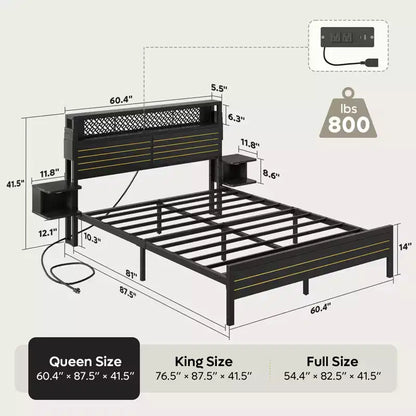 Platform Bed Frame with Storage Headboard, LED Lights, Power Outlet & USB Ports, Steel Slats