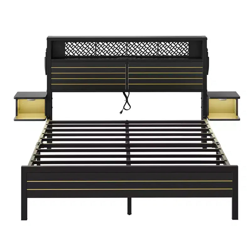 Platform Bed Frame with Storage Headboard, LED Lights, Power Outlet & USB Ports, Steel Slats