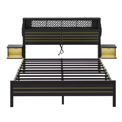Platform Bed Frame with Storage Headboard, LED Lights, Power Outlet & USB Ports, Steel Slats